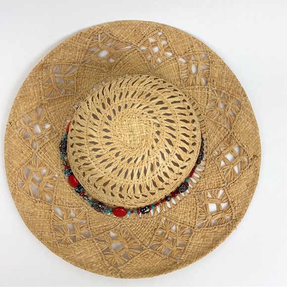 Vintage straw open weave sun hat with custom beaded band M/L beach resort wear - Picture 4 of 12